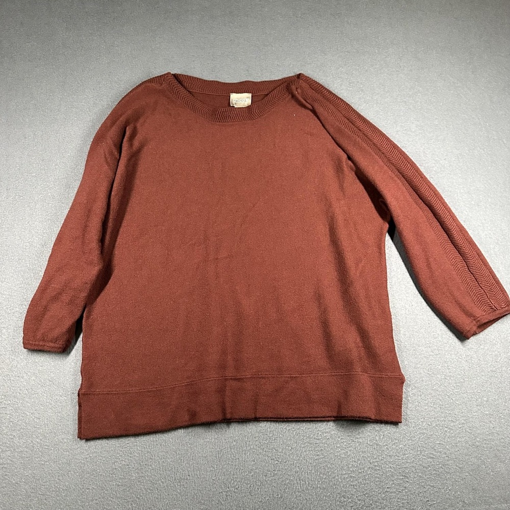 Chicos Sweater Womens 1 US M Brown Tunic 3/4 Sleeve Crew Neck Knit Cashmere Blnd